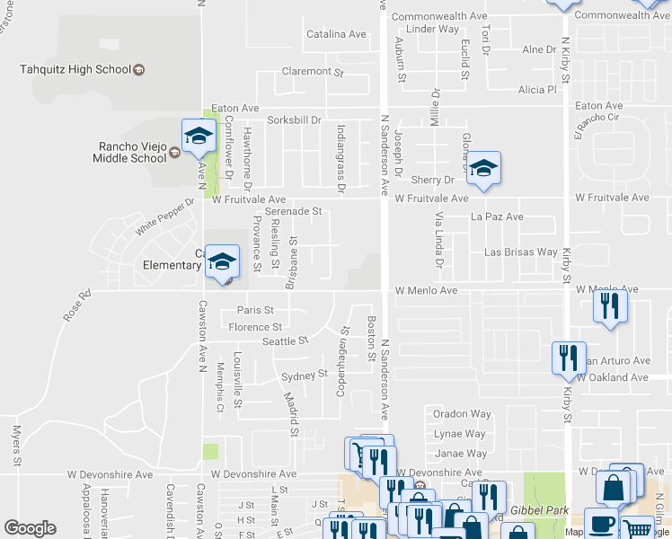 map of restaurants, bars, coffee shops, grocery stores, and more near 740 Shiraz Drive in Hemet
