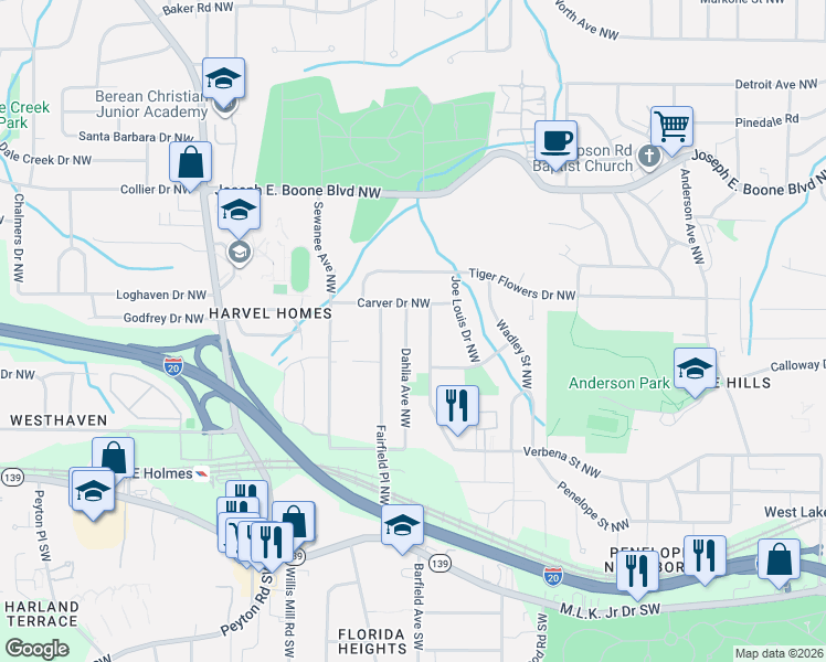 map of restaurants, bars, coffee shops, grocery stores, and more near 179 Dahlia Avenue Northwest in Atlanta
