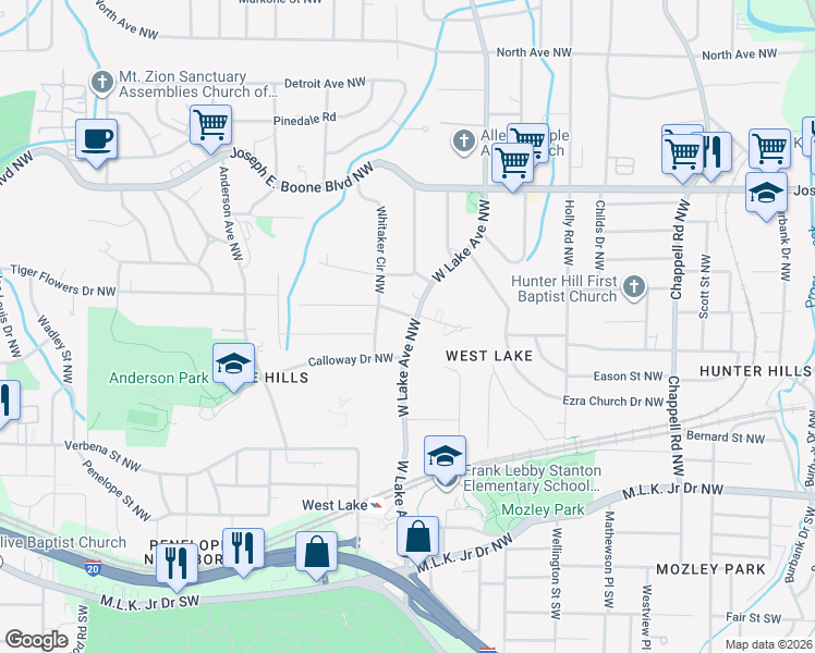 map of restaurants, bars, coffee shops, grocery stores, and more near 174 West Lake Avenue Northwest in Atlanta