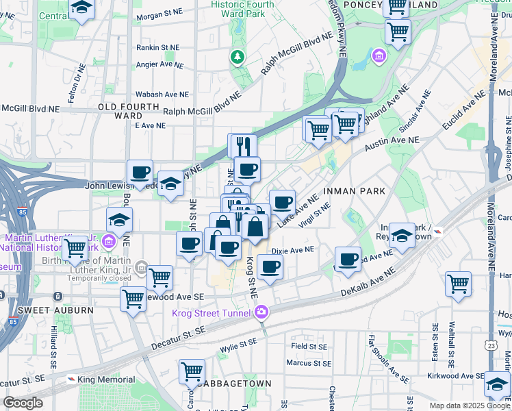 map of restaurants, bars, coffee shops, grocery stores, and more near 154 Krog Street Northeast in Atlanta