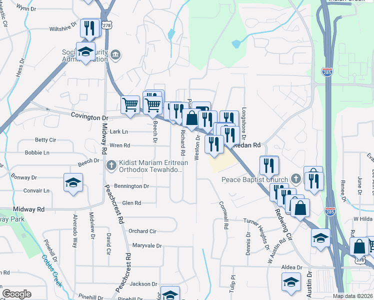 map of restaurants, bars, coffee shops, grocery stores, and more near 1437 Richard Road in Decatur