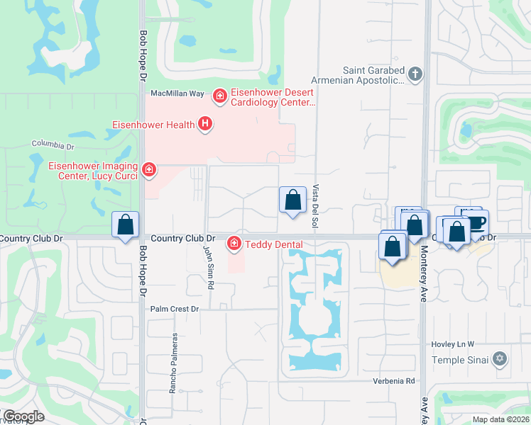 map of restaurants, bars, coffee shops, grocery stores, and more near 72460 Rodeo Way in Rancho Mirage