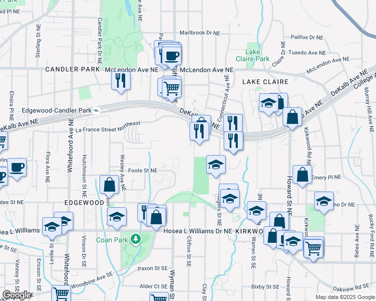 map of restaurants, bars, coffee shops, grocery stores, and more near 200 Arizona Avenue Northeast in Atlanta