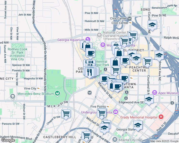 map of restaurants, bars, coffee shops, grocery stores, and more near 220 Marietta Street NorthWest in Atlanta