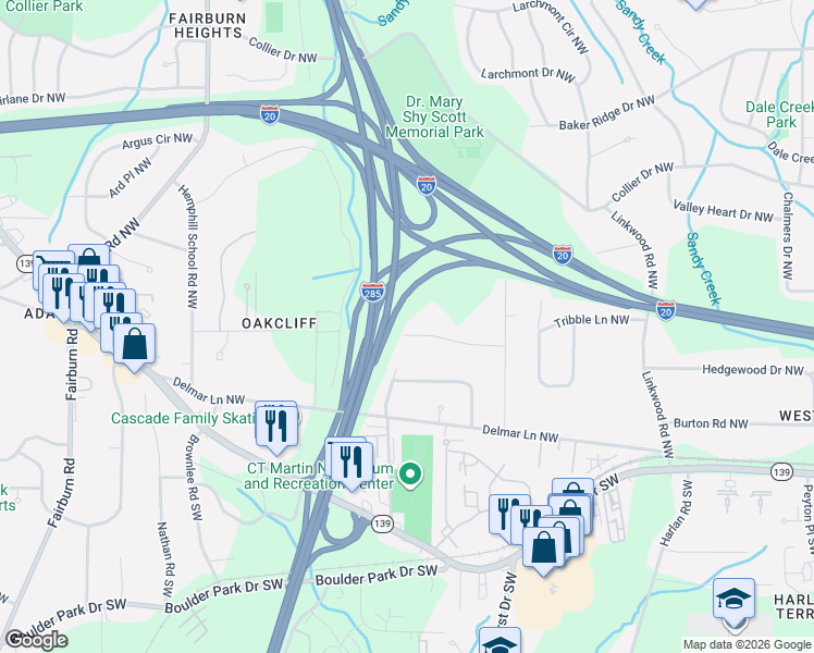 map of restaurants, bars, coffee shops, grocery stores, and more near 3191 Oakcliff Rd NW in Atlanta