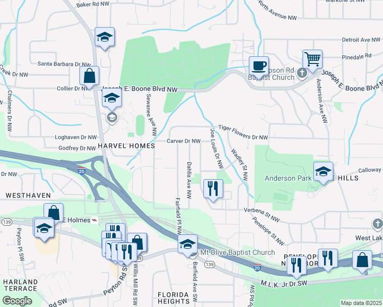 map of restaurants, bars, coffee shops, grocery stores, and more near 179 Dahlia Avenue Northwest in Atlanta