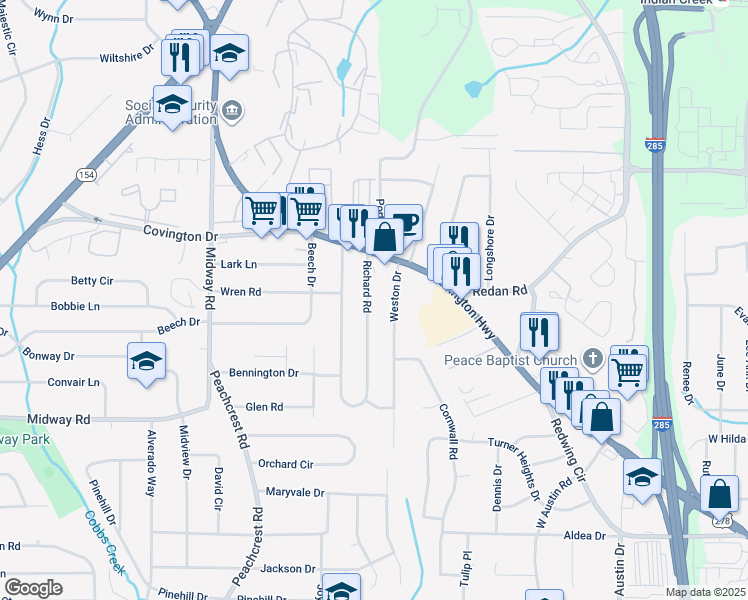 map of restaurants, bars, coffee shops, grocery stores, and more near 1437 Richard Road in Decatur