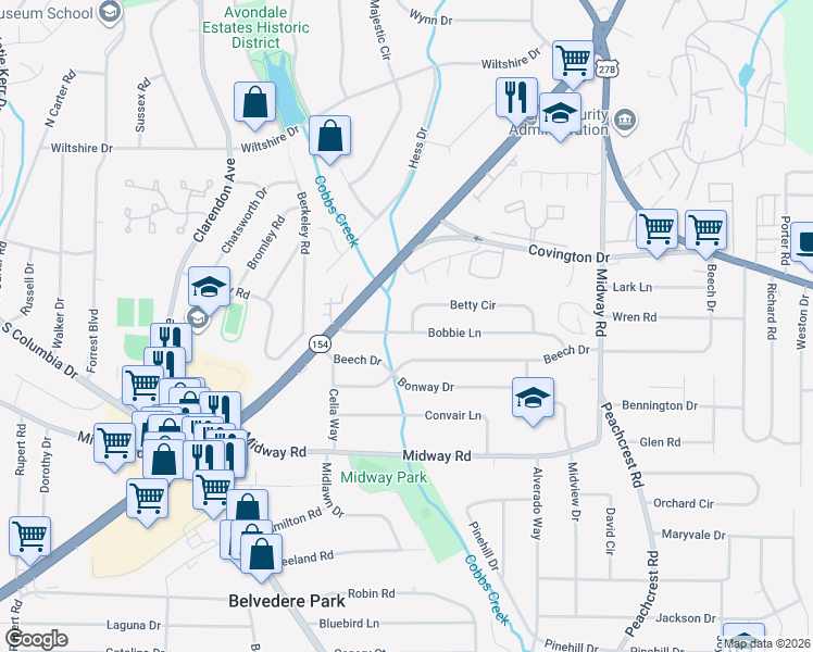 map of restaurants, bars, coffee shops, grocery stores, and more near 3188 Bobbie Lane in Decatur