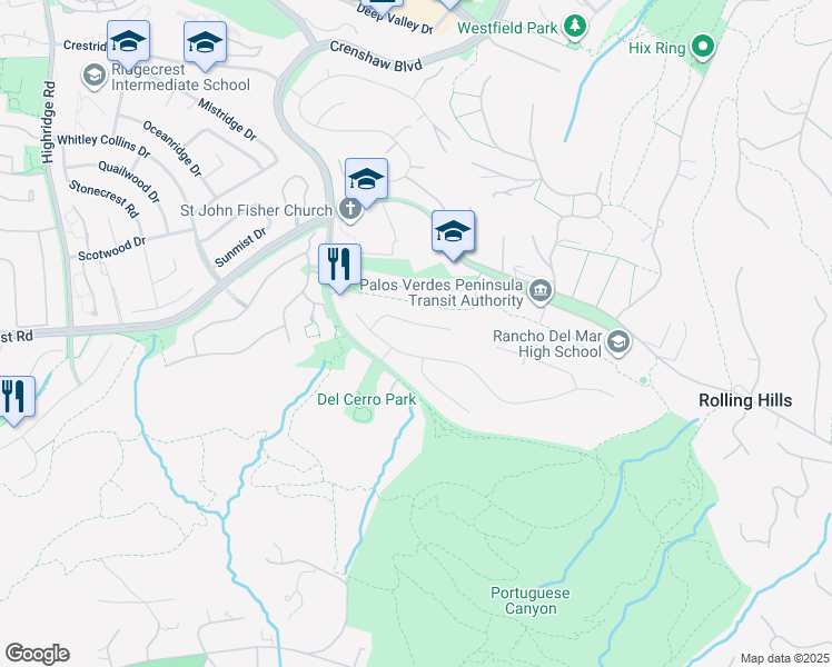 map of restaurants, bars, coffee shops, grocery stores, and more near 14 Crestwind Dr in Rancho Palos Verdes