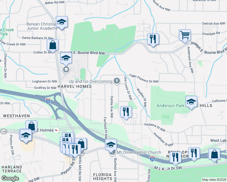 map of restaurants, bars, coffee shops, grocery stores, and more near 179 Dahlia Avenue Northwest in Atlanta