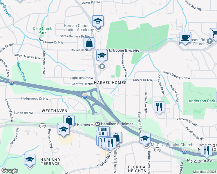 map of restaurants, bars, coffee shops, grocery stores, and more near 2459 Scottridge Drive Northwest in Atlanta