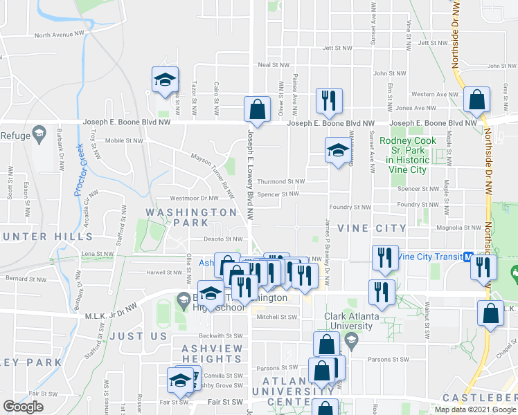 map of restaurants, bars, coffee shops, grocery stores, and more near 898 Booker Washington Drive Northwest in Atlanta