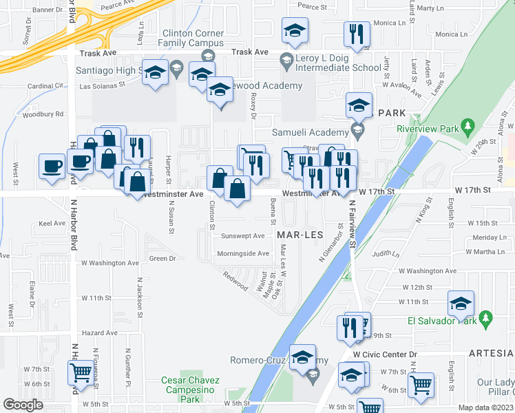 map of restaurants, bars, coffee shops, grocery stores, and more near 12650 Westminster Avenue in Santa Ana