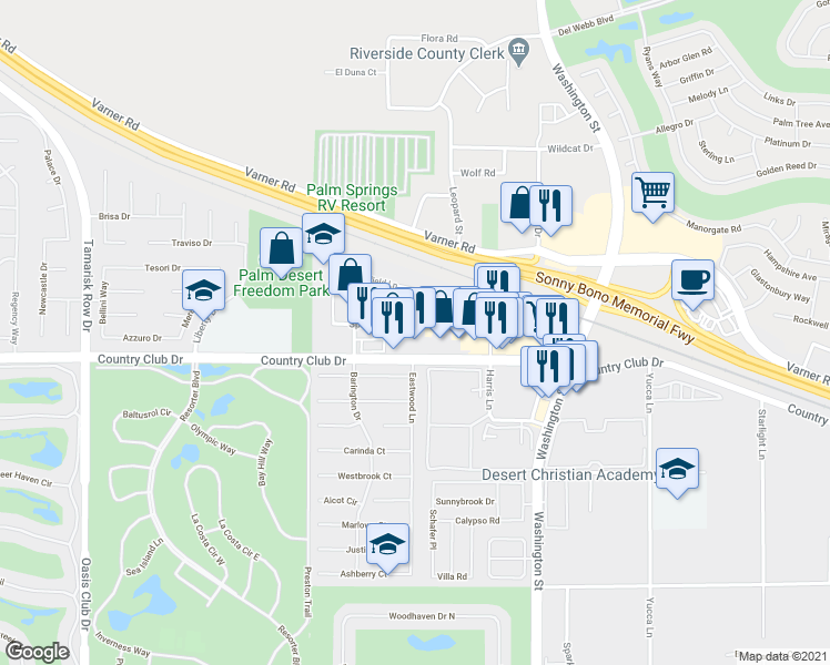 map of restaurants, bars, coffee shops, grocery stores, and more near 77-733 Springfield Lane in Palm Desert