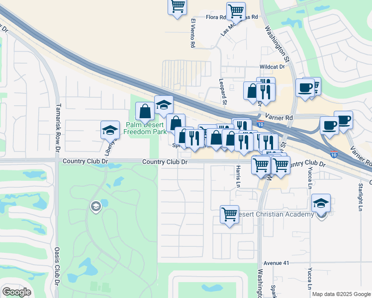 map of restaurants, bars, coffee shops, grocery stores, and more near 77622 Springfield Lane in Palm Desert