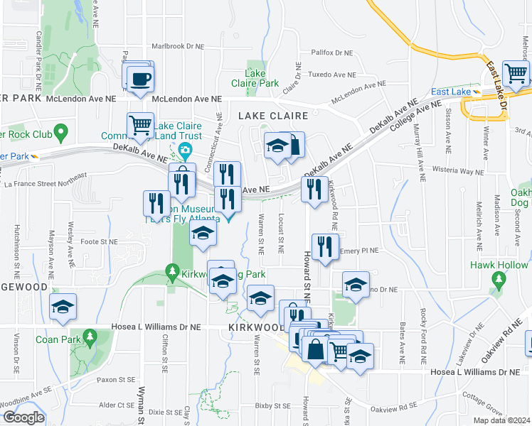 map of restaurants, bars, coffee shops, grocery stores, and more near 225 Warren Street Northeast in Atlanta