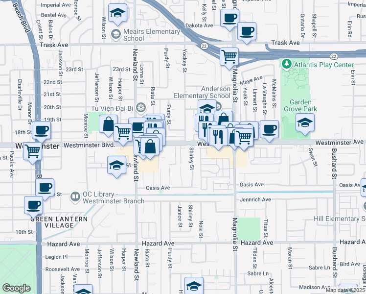map of restaurants, bars, coffee shops, grocery stores, and more near 8736 Westminster Boulevard in Westminster