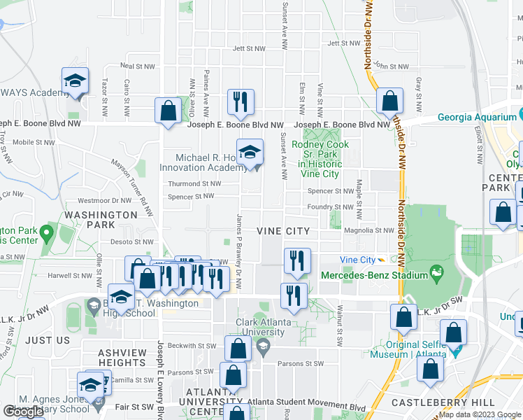 map of restaurants, bars, coffee shops, grocery stores, and more near Griffin St NW & Foundry St NW in Atlanta