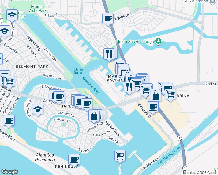 map of restaurants, bars, coffee shops, grocery stores, and more near 7324 Marina Pacifica Drive North in Long Beach