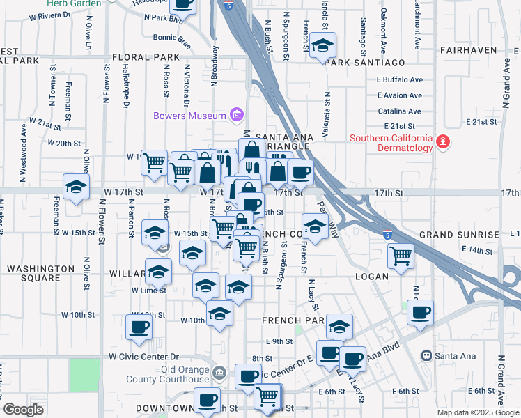 map of restaurants, bars, coffee shops, grocery stores, and more near 1601 North Main Street in Santa Ana