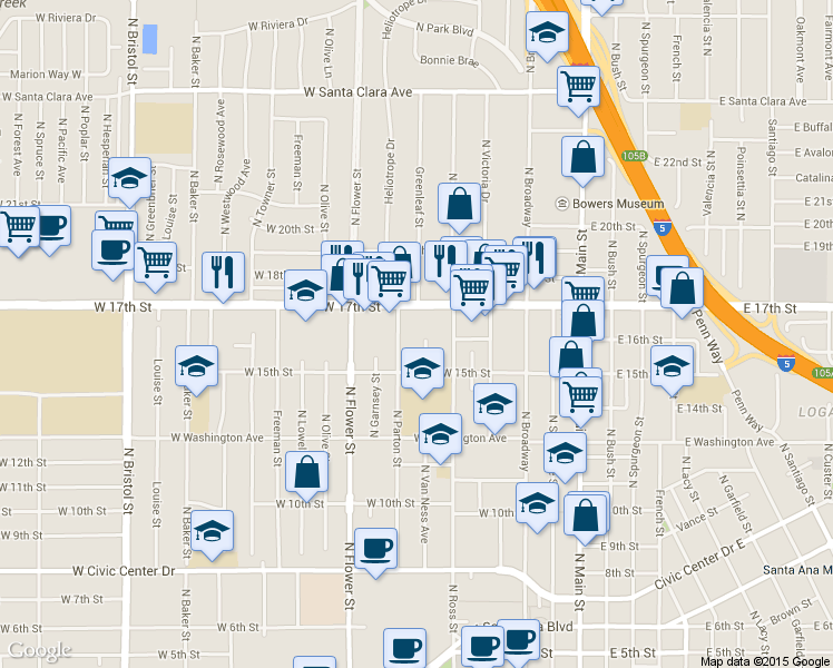 map of restaurants, bars, coffee shops, grocery stores, and more near 1615 North Parton Street in Santa Ana