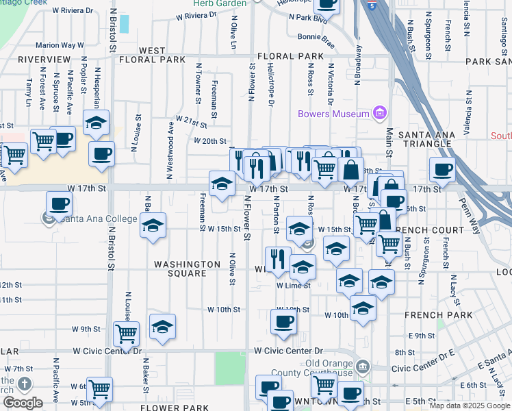map of restaurants, bars, coffee shops, grocery stores, and more near 1605 North Flower Street in Santa Ana