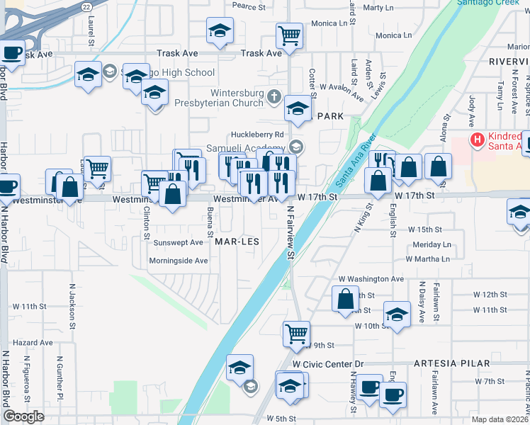 map of restaurants, bars, coffee shops, grocery stores, and more near 1601 North Huron Drive in Santa Ana