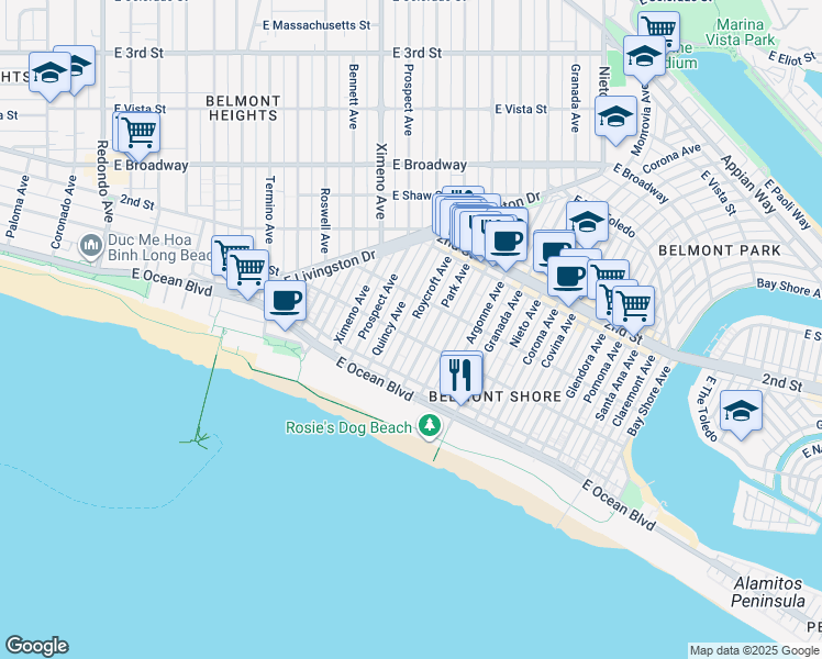 map of restaurants, bars, coffee shops, grocery stores, and more near in Long Beach