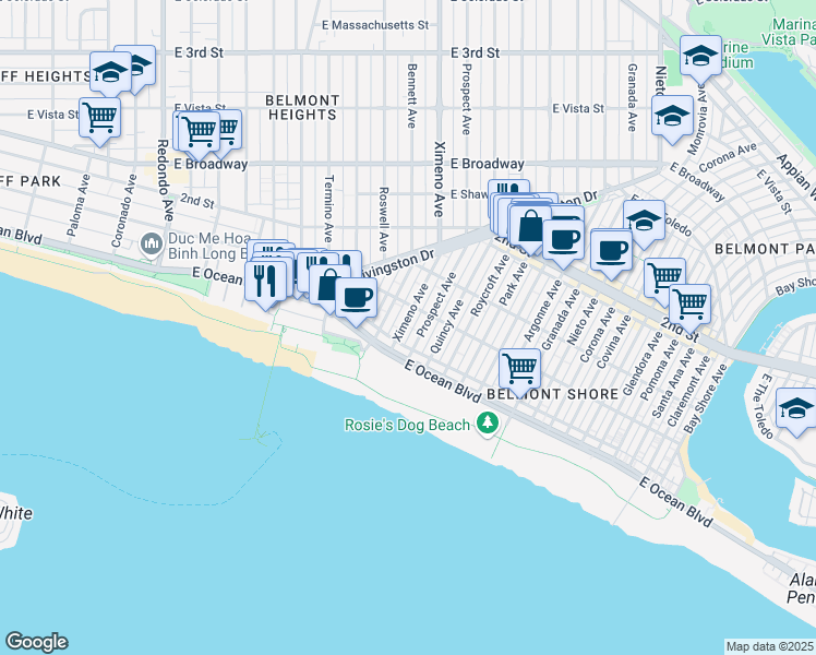 map of restaurants, bars, coffee shops, grocery stores, and more near 40 Ximeno Avenue in Long Beach
