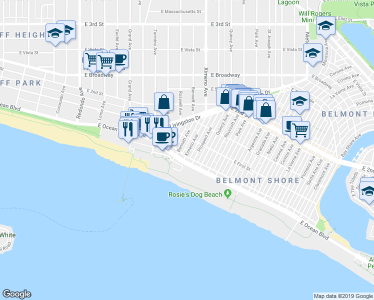 map of restaurants, bars, coffee shops, grocery stores, and more near 40 Ximeno Avenue in Long Beach