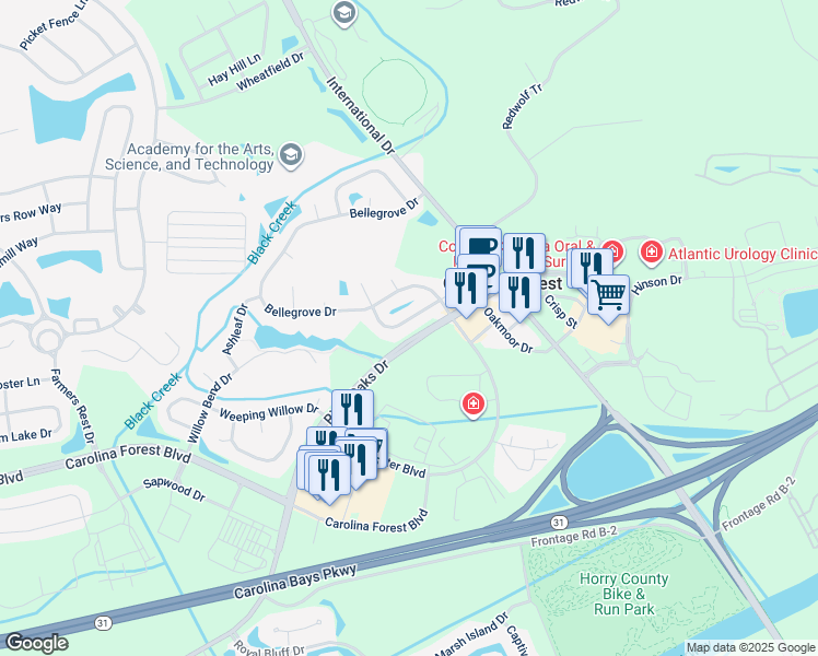 map of restaurants, bars, coffee shops, grocery stores, and more near 621 Oakhurst Drive in Myrtle Beach