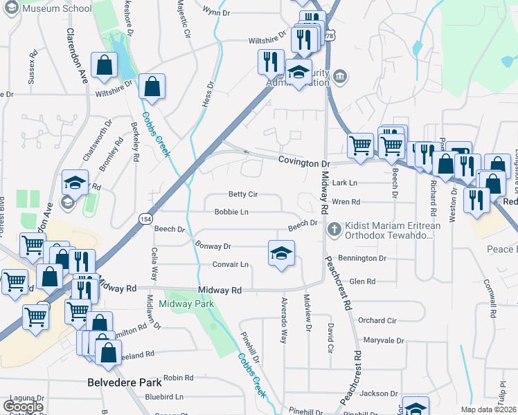 map of restaurants, bars, coffee shops, grocery stores, and more near 3294 Bobbie Lane in Decatur