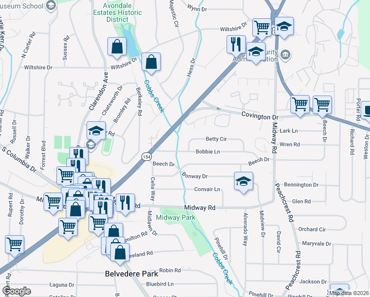 map of restaurants, bars, coffee shops, grocery stores, and more near 3188 Bobbie Lane in Decatur