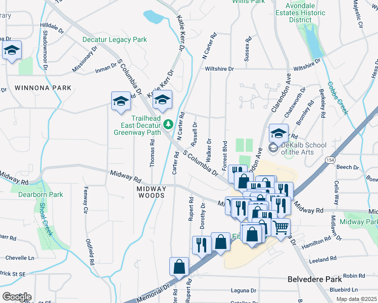 map of restaurants, bars, coffee shops, grocery stores, and more near 952 South Columbia Drive in Decatur