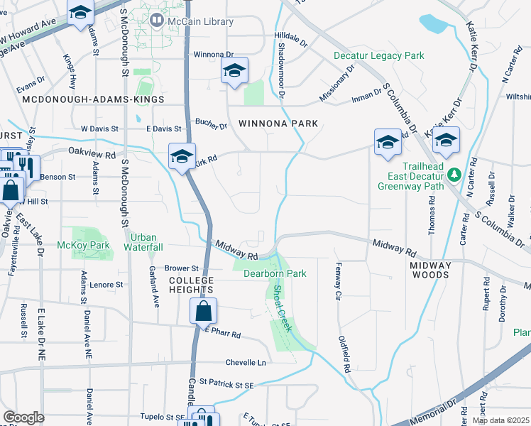 map of restaurants, bars, coffee shops, grocery stores, and more near 345 Mimosa Drive in Decatur