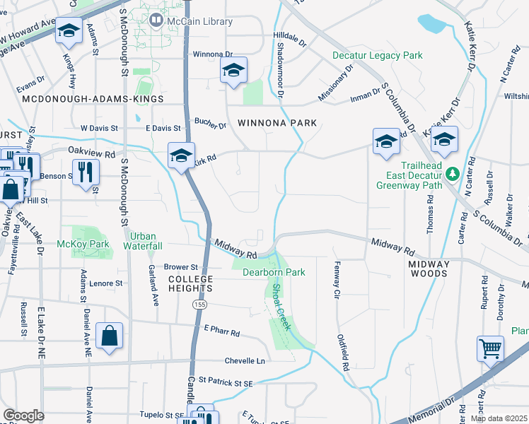 map of restaurants, bars, coffee shops, grocery stores, and more near 345 Mimosa Drive in Decatur
