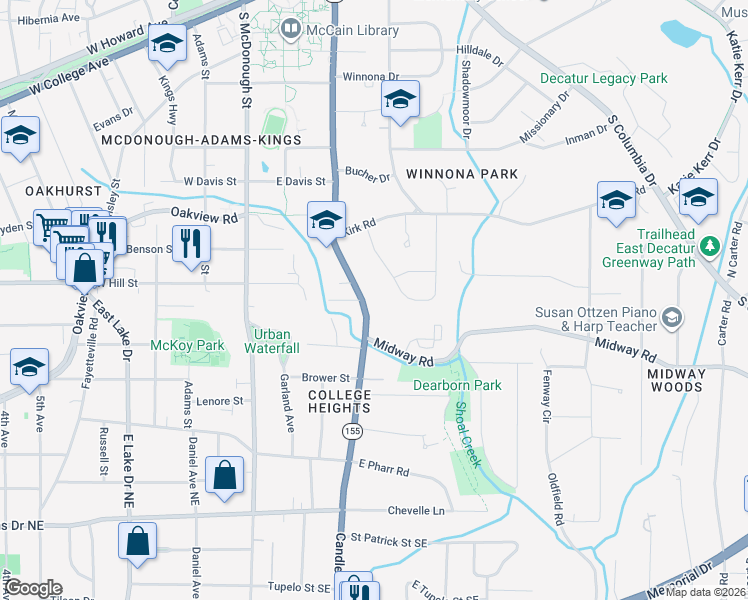 map of restaurants, bars, coffee shops, grocery stores, and more near 824 South Candler Street in Decatur