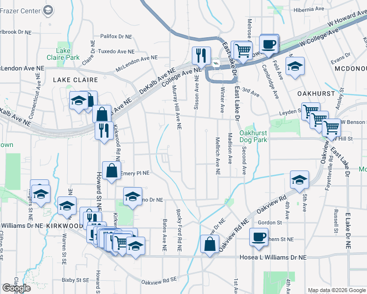 map of restaurants, bars, coffee shops, grocery stores, and more near 224 Murray Hill Avenue Northeast in Atlanta