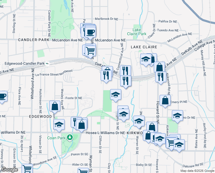 map of restaurants, bars, coffee shops, grocery stores, and more near 206 Rogers Street Northeast in Atlanta