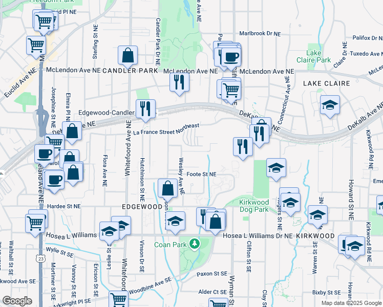 map of restaurants, bars, coffee shops, grocery stores, and more near 1555 New Street Northeast in Atlanta