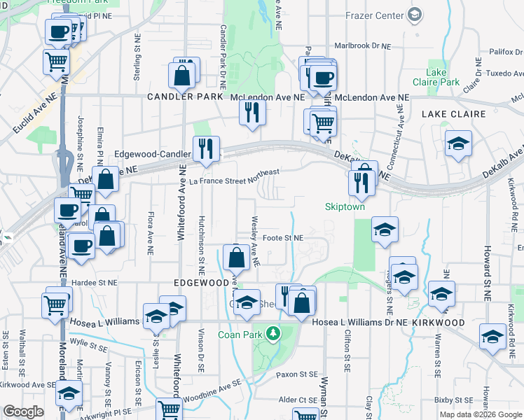 map of restaurants, bars, coffee shops, grocery stores, and more near 1547 New Street Northeast in Atlanta