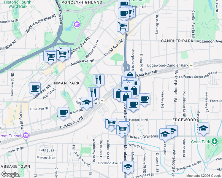 map of restaurants, bars, coffee shops, grocery stores, and more near 1124 DeKalb Avenue Northeast in Atlanta