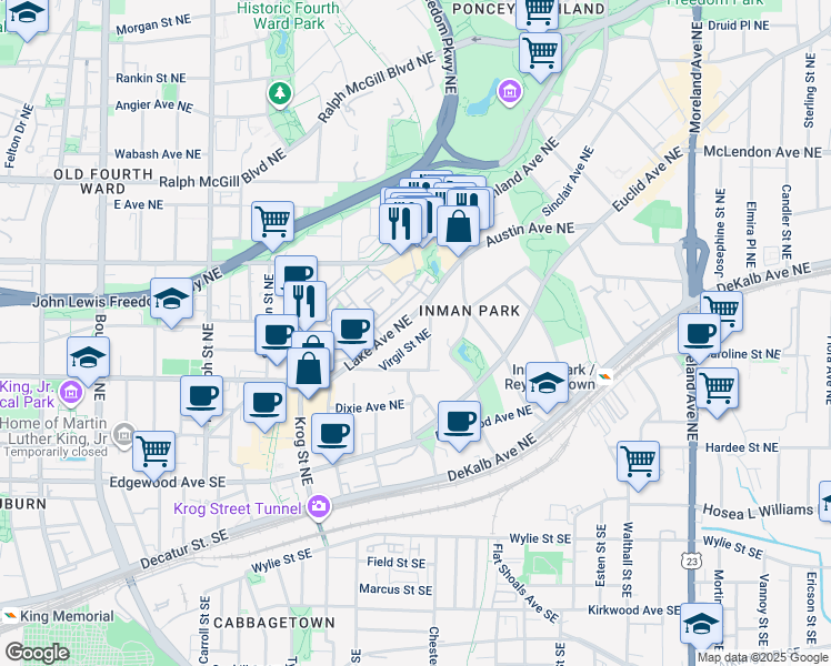 map of restaurants, bars, coffee shops, grocery stores, and more near 850 Virgil Street Northeast in Atlanta
