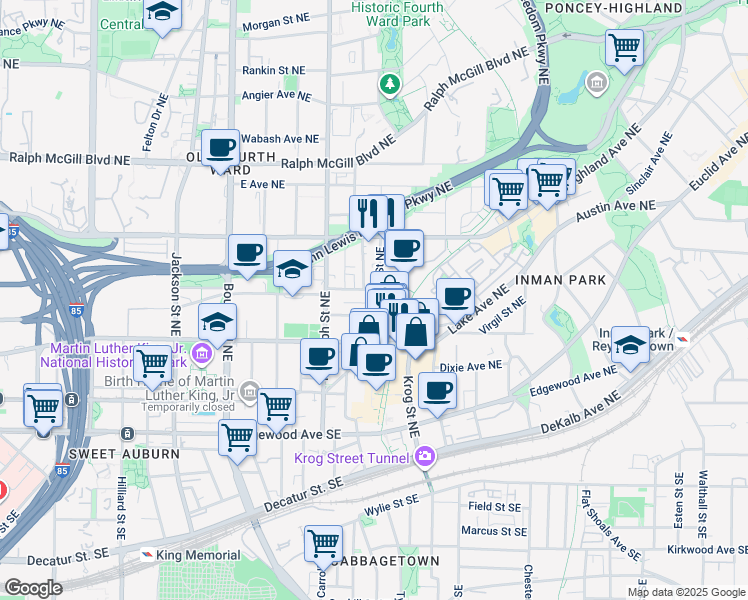 map of restaurants, bars, coffee shops, grocery stores, and more near 174 Sampson Street Northeast in Atlanta