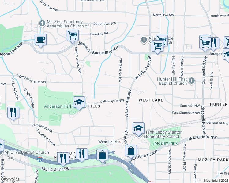map of restaurants, bars, coffee shops, grocery stores, and more near 1789 Oakmont Drive Northwest in Atlanta
