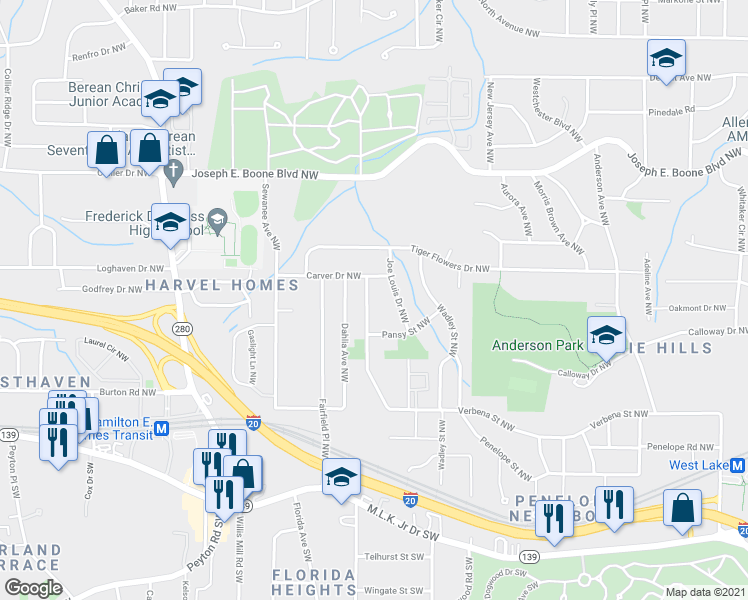 map of restaurants, bars, coffee shops, grocery stores, and more near 192 Joe Louis Drive Northwest in Atlanta