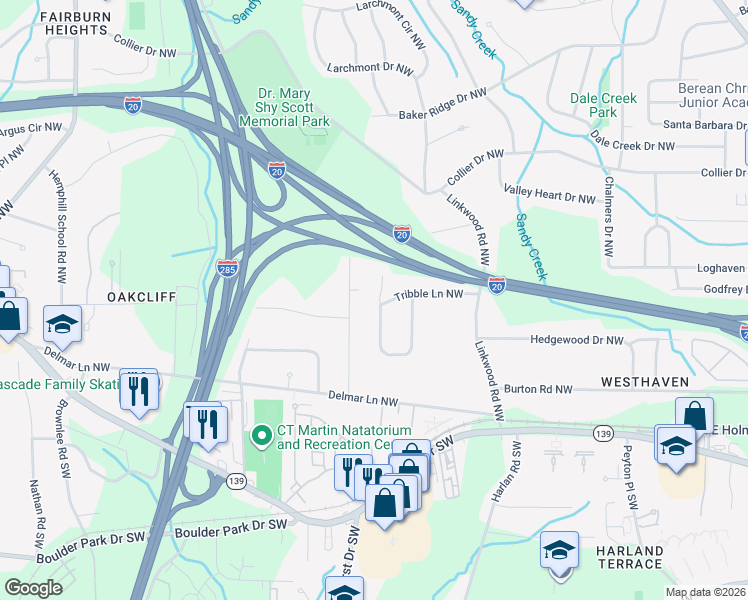 map of restaurants, bars, coffee shops, grocery stores, and more near 144 Kevin Court Northwest in Atlanta