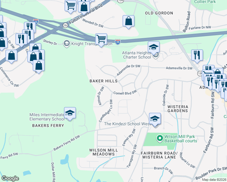 map of restaurants, bars, coffee shops, grocery stores, and more near 4017 Cornell Boulevard Southwest in Atlanta