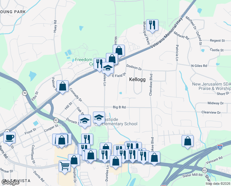 map of restaurants, bars, coffee shops, grocery stores, and more near 8077 Fieldstream Way in Douglasville