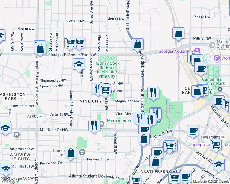 map of restaurants, bars, coffee shops, grocery stores, and more near 166 Walnut Street Southwest in Atlanta